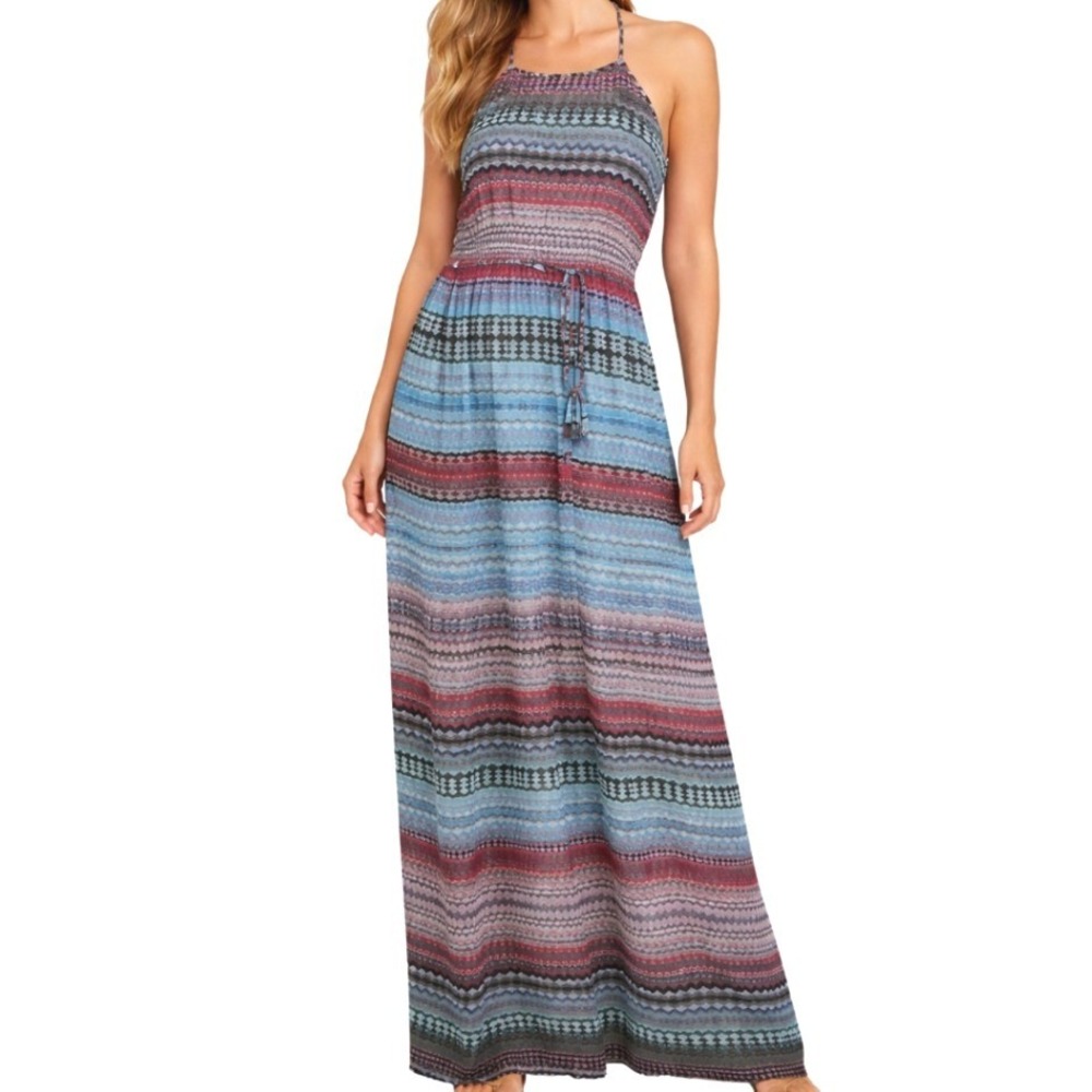 Donna Morgan‎ Womens Blue Multi Color Geometric Chevron Halter Maxi Dress Size 6